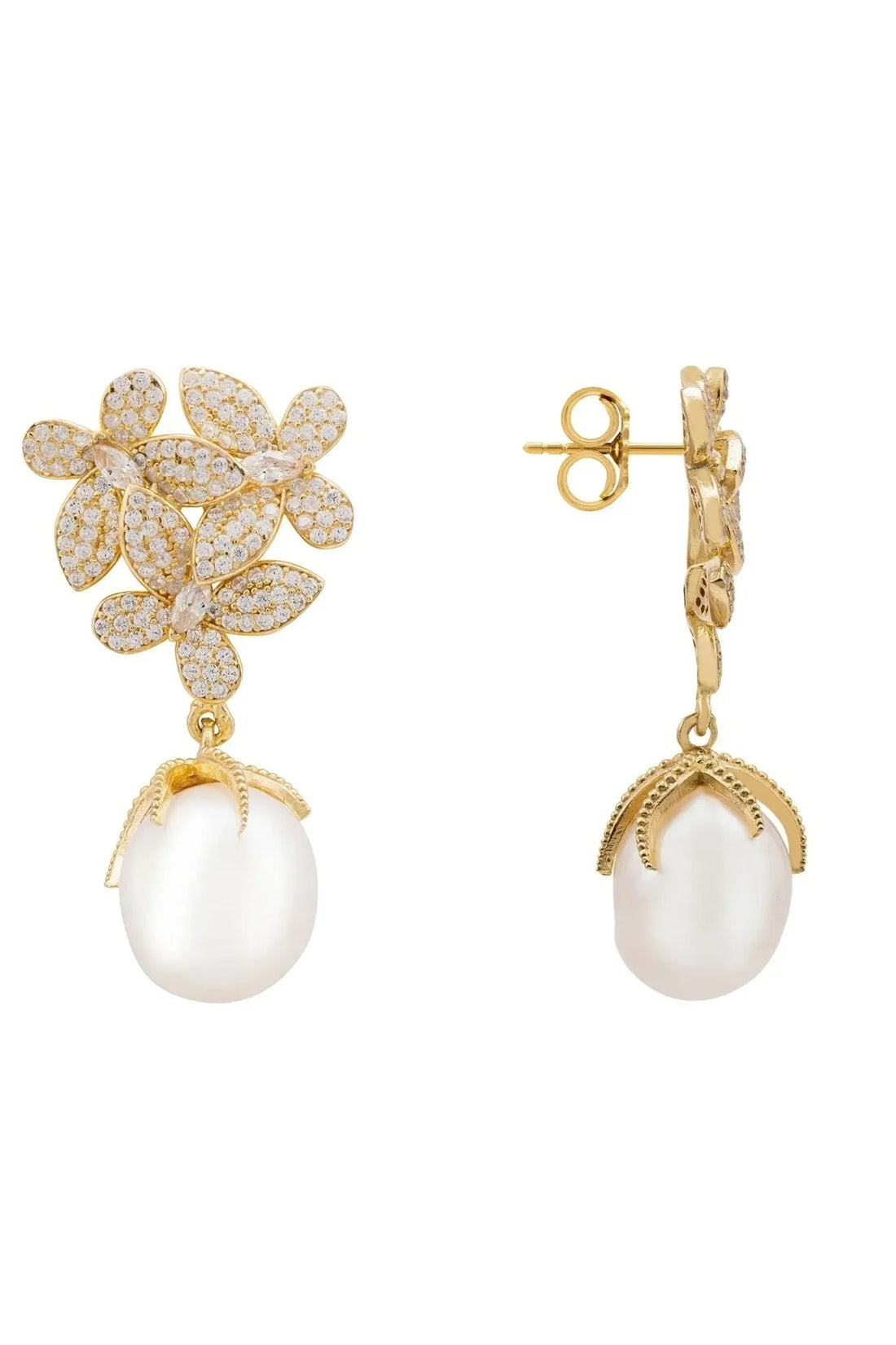 Gold floral pearl earrings with white drop and butterfly back, side view