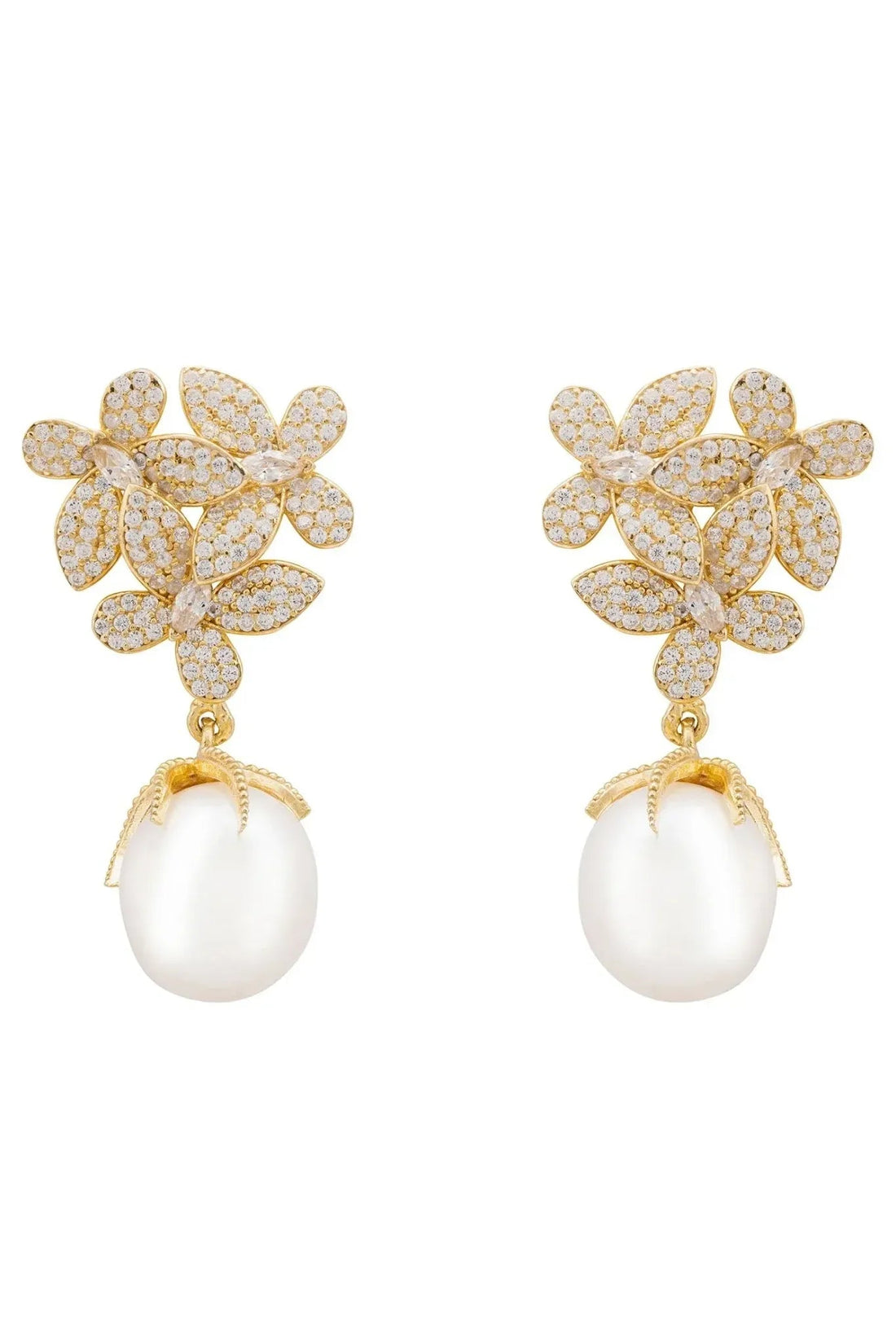 Gold floral earrings with white pearl drop, jeweled petal design