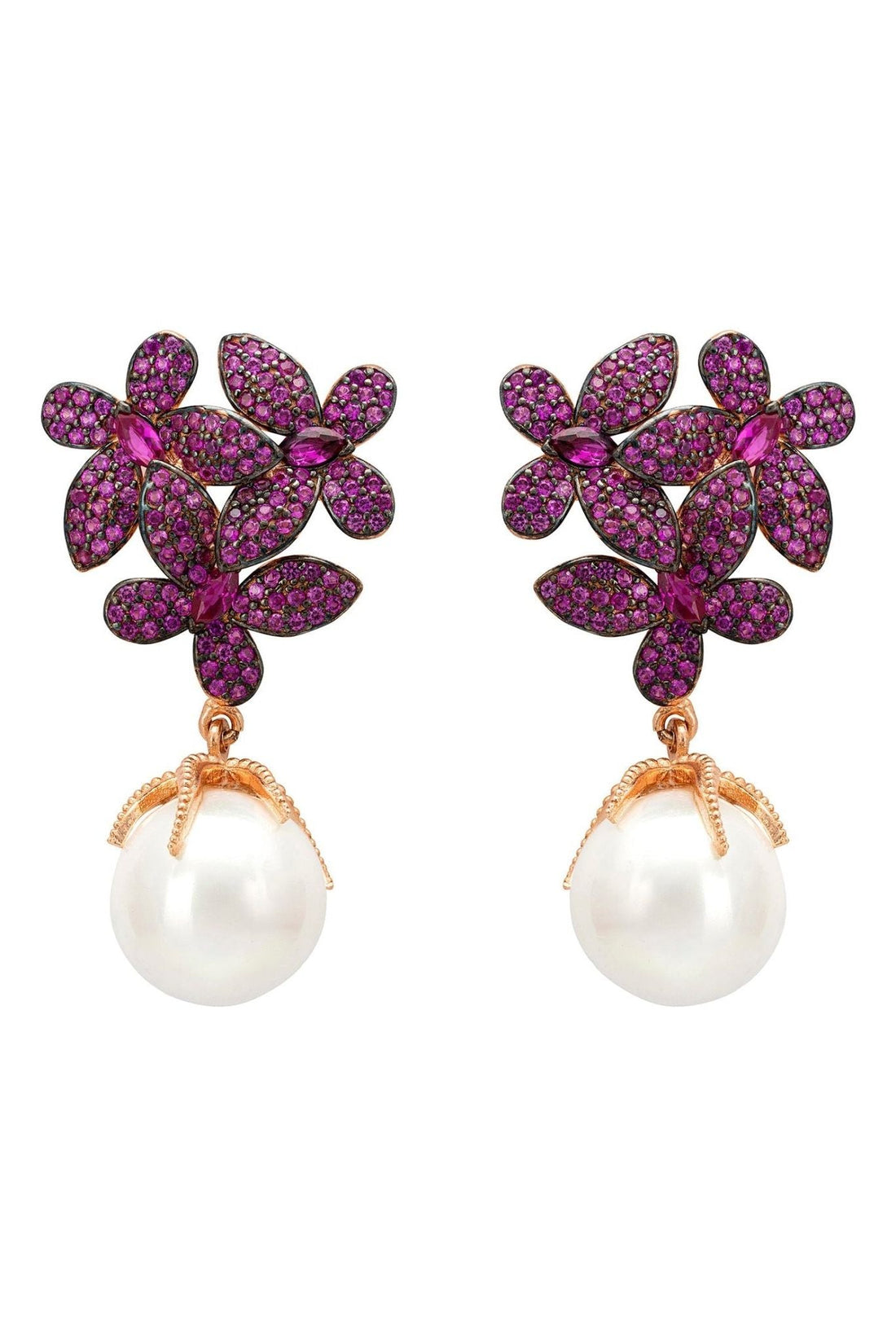 Flowers Pearl Earrings Ruby Pink Rosegold-0