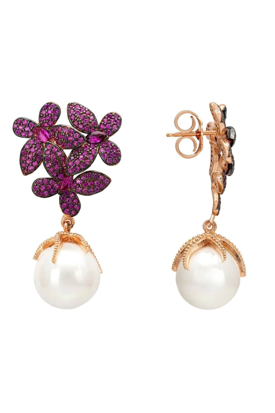 Flowers Pearl Earrings Ruby Pink Rosegold-2