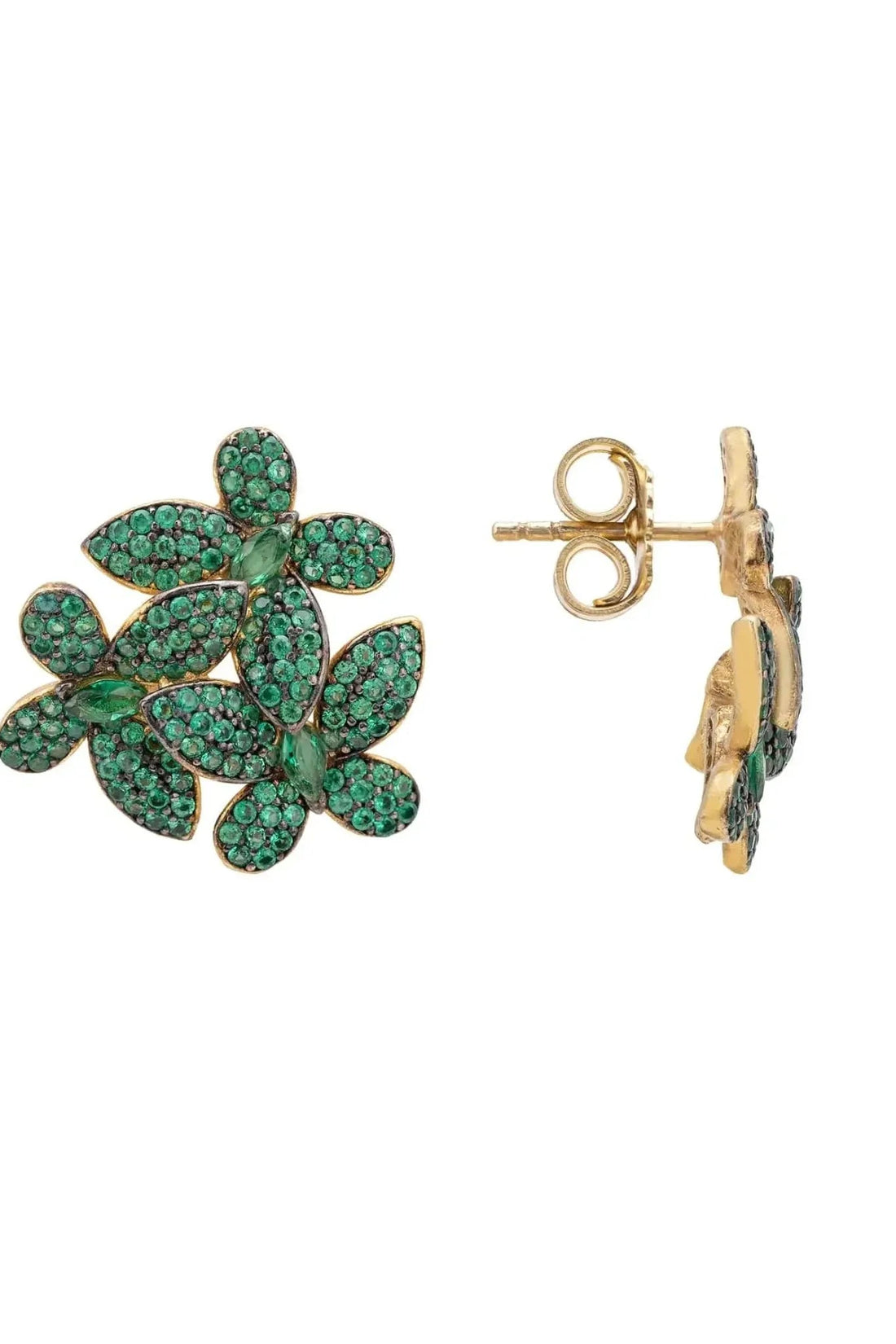 Large green crystal flower stud earrings with gold-tone backs