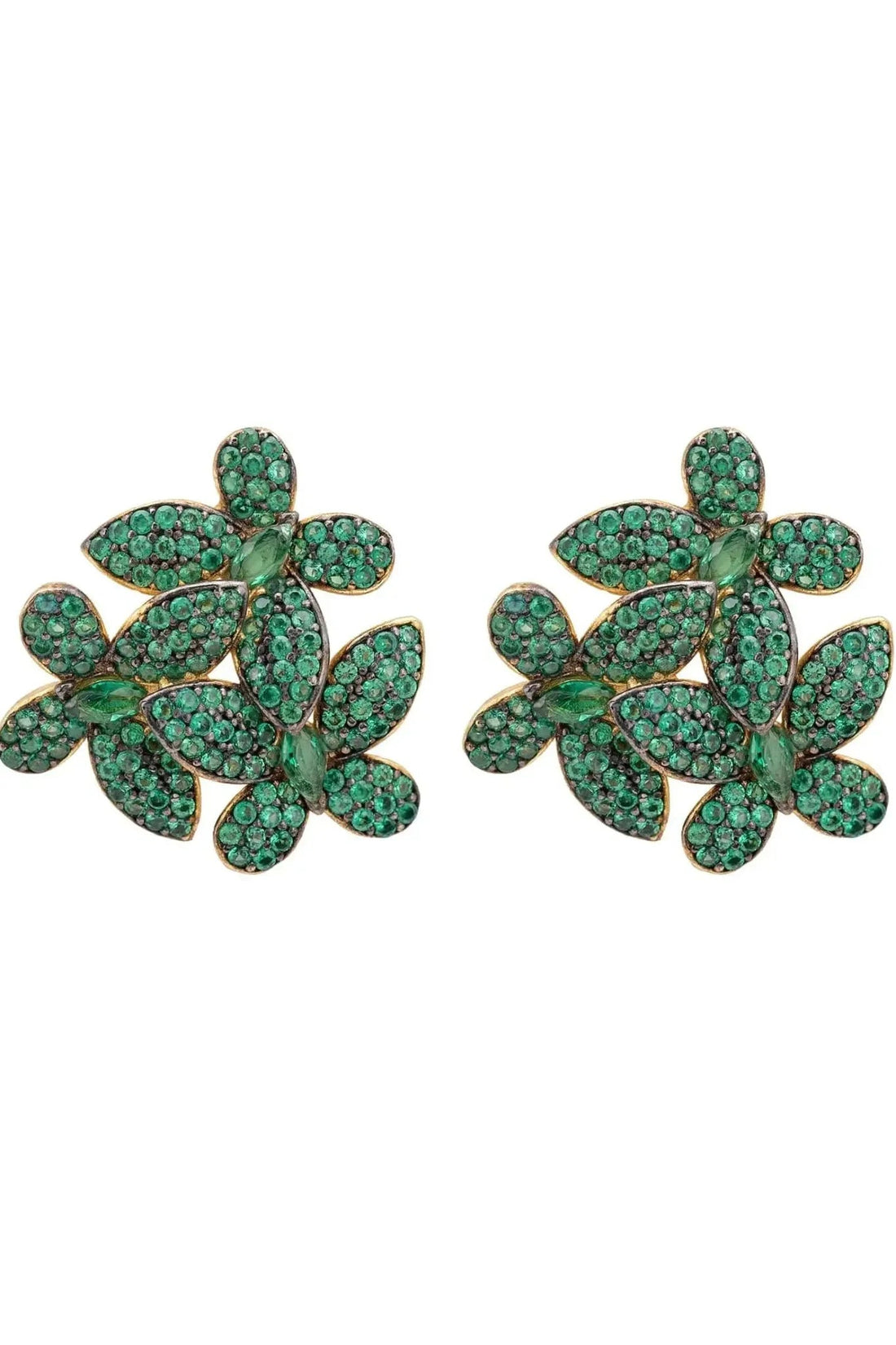 Large flower stud earrings with emerald-green crystal petals and gold-tone posts