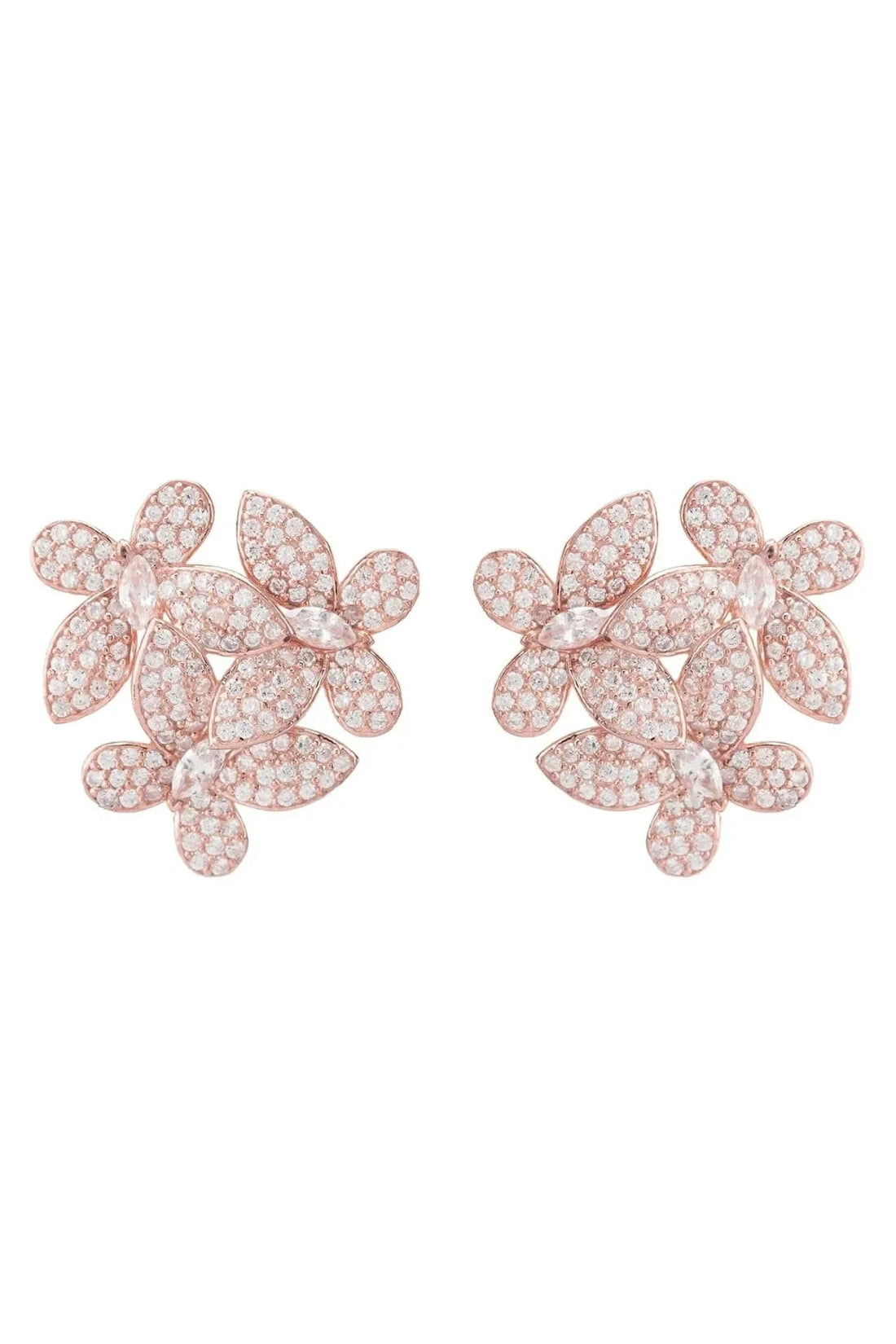 Rosegold floral stud earrings with sparkling petal cluster design