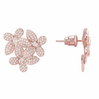 Rosegold floral stud earrings with sparkling petal cluster and visible post back
