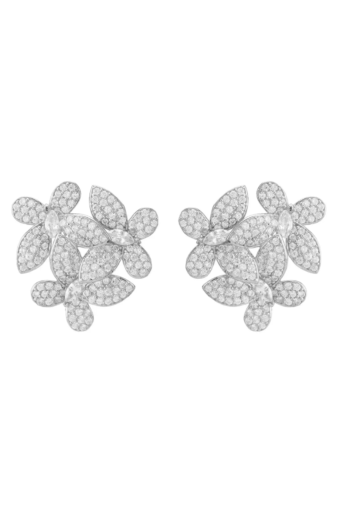 Silver flower cluster stud earrings with pavé petals