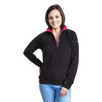 Black women's fleece jumper with bright pink contrast collar and half zip, shown from the front