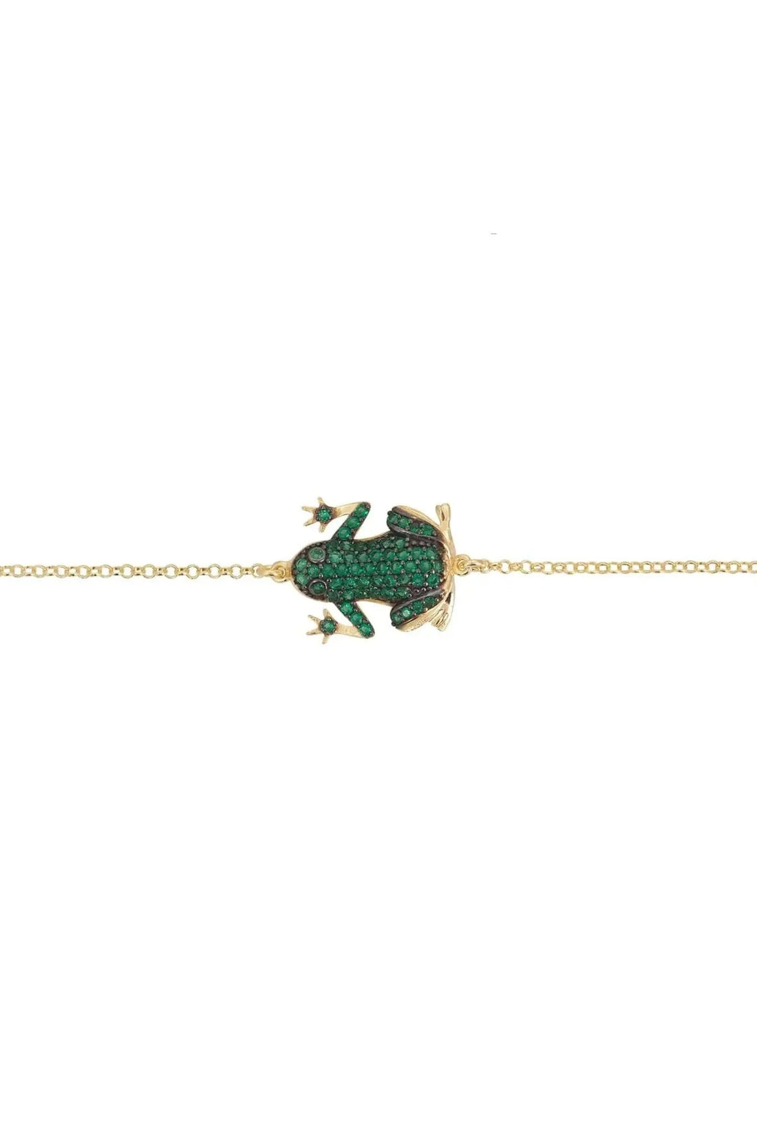 Gold chain bracelet with centered green enamel frog charm