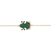 Gold chain bracelet with centered green enamel frog charm