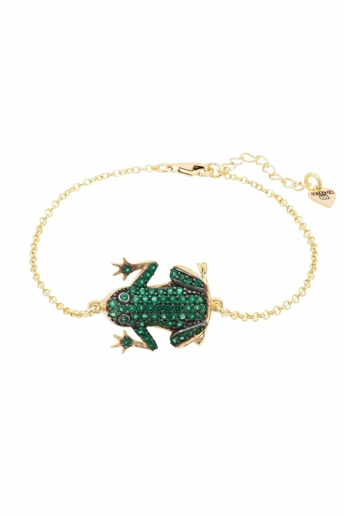 Gold chain bracelet with green enamel frog charm centerpiece