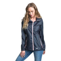 Women's navy rain jacket with white dots, pink trim and front zip