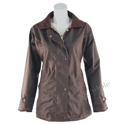 Brown fitted wax jacket with corduroy collar, front view and button closure