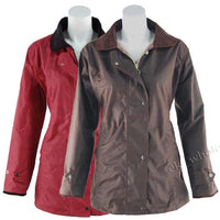 Fitted wax jacket with corduroy collar, shown in brown and red options