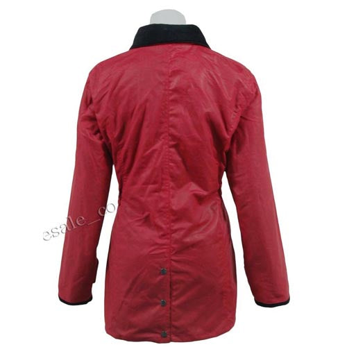 Red fitted wax jacket, back view with dark collar and center seam