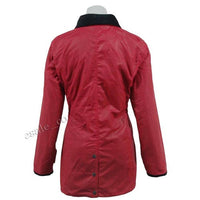 Red fitted wax jacket, back view with dark collar and center seam