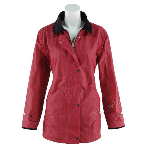 Red fitted wax jacket with dark corduroy collar, front view and button closure