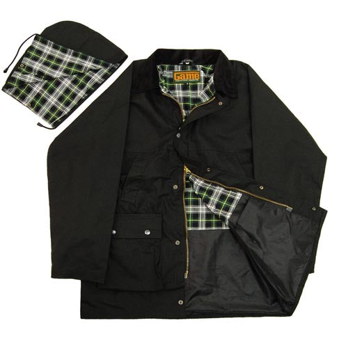 Black waxed cotton jacket opened to show plaid lining and matching plaid hood