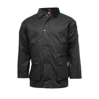 Black waxed cotton jacket with button front and four flap pockets