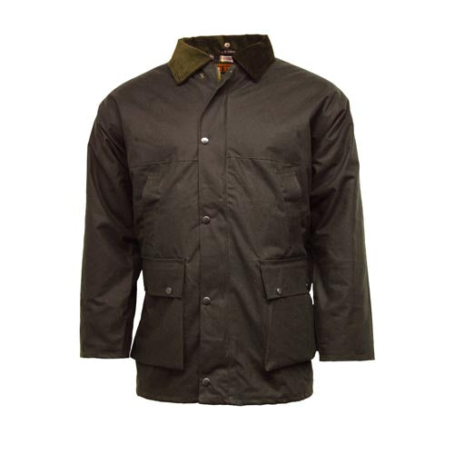 Brown waxed cotton jacket with button front and four flap pockets