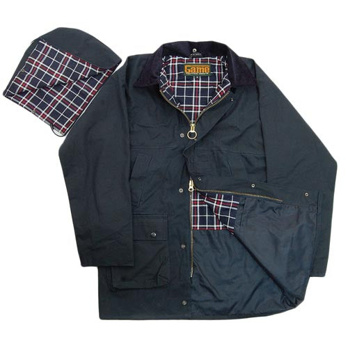 Navy waxed cotton jacket opened to show plaid lining and matching plaid hood