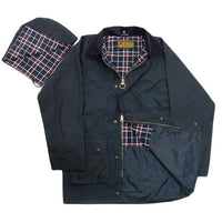Navy waxed cotton jacket opened to show plaid lining and matching plaid hood