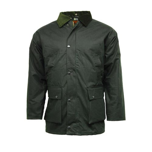 Olive waxed cotton jacket with button front and four flap pockets