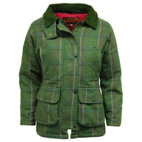 Women's green plaid tweed jacket with button front, flap pockets, and pink quilted lining