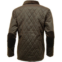 Back of brown quilted jacket with corduroy collar and elbow patches
