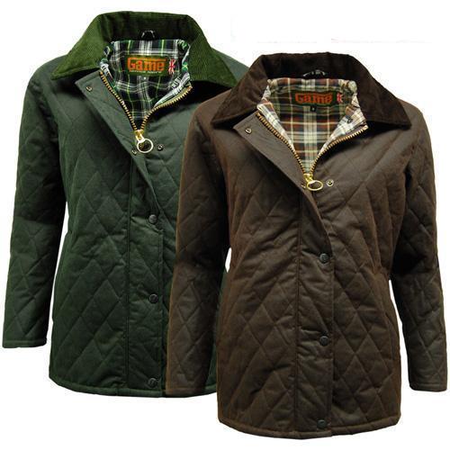 Quilted jacket in brown and olive with corduroy collars and plaid lining