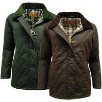 Quilted jacket in brown and olive with corduroy collars and plaid lining