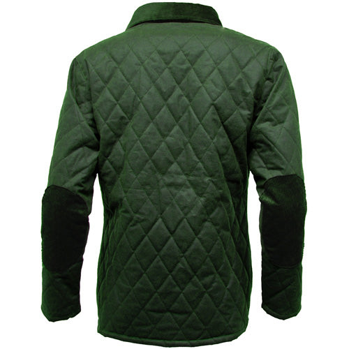 Back of olive quilted jacket with corduroy collar and elbow patches