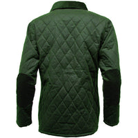 Back of olive quilted jacket with corduroy collar and elbow patches