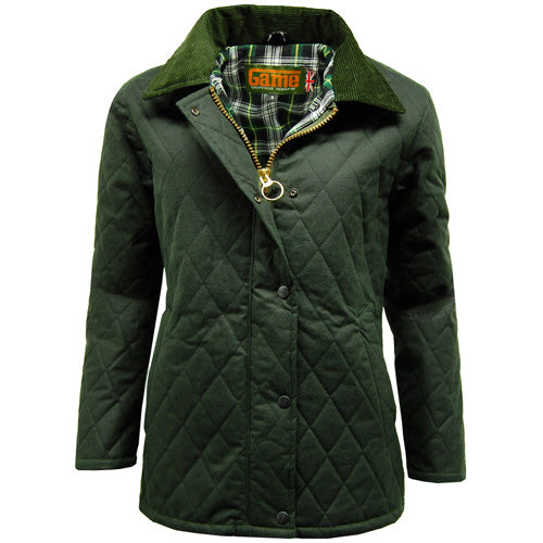 Olive quilted jacket with corduroy collar, plaid lining, and button front