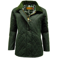 Olive quilted jacket with corduroy collar, plaid lining, and button front
