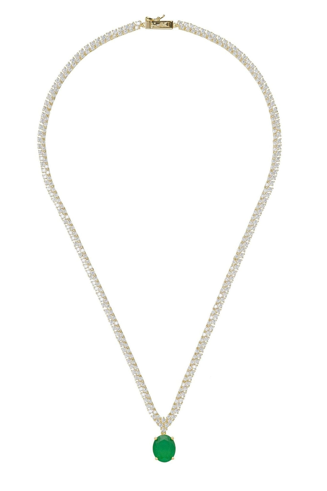 Gold tennis necklace with oval emerald center pendant and clear pave stones