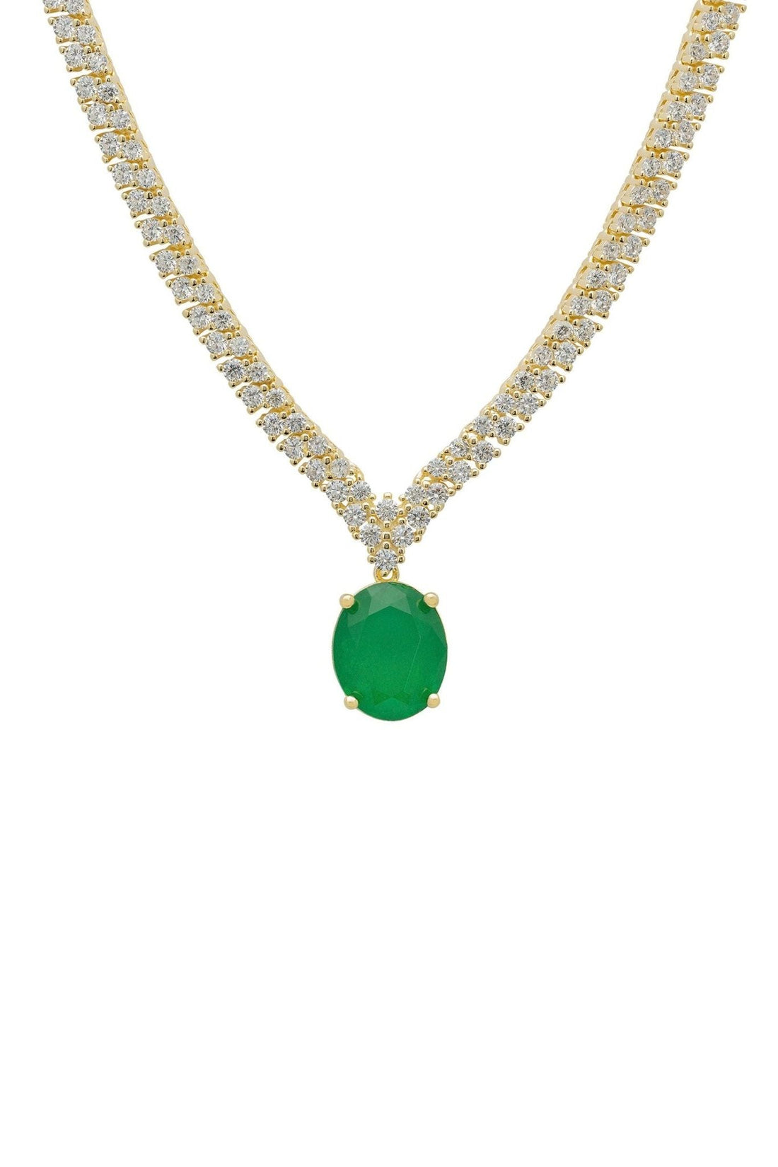 Gold tennis necklace with oval emerald drop and clear pave stones