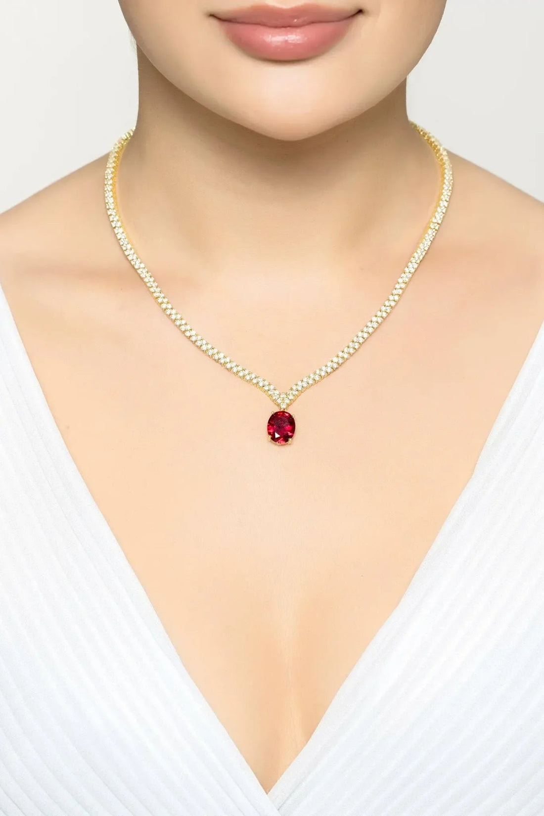 Garbo Oval Gemstone Tennis Necklace Ruby Gold-1