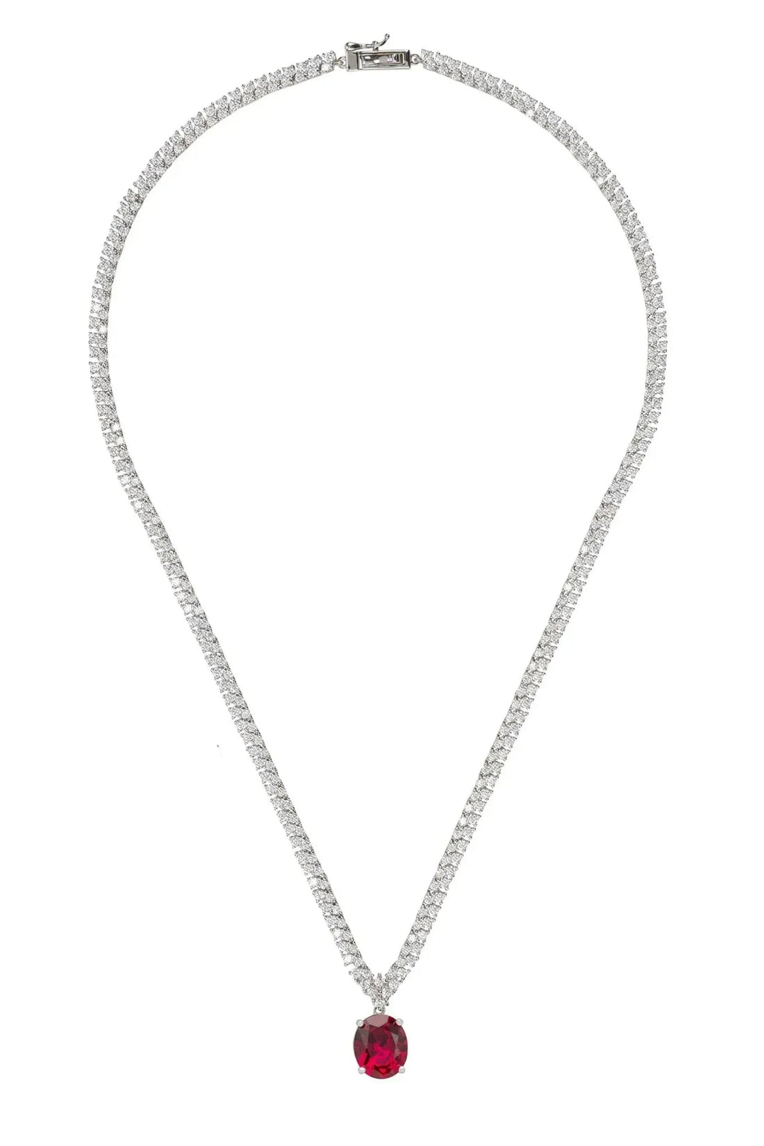 Silver tennis necklace with oval ruby drop and rhinestone tennis chain