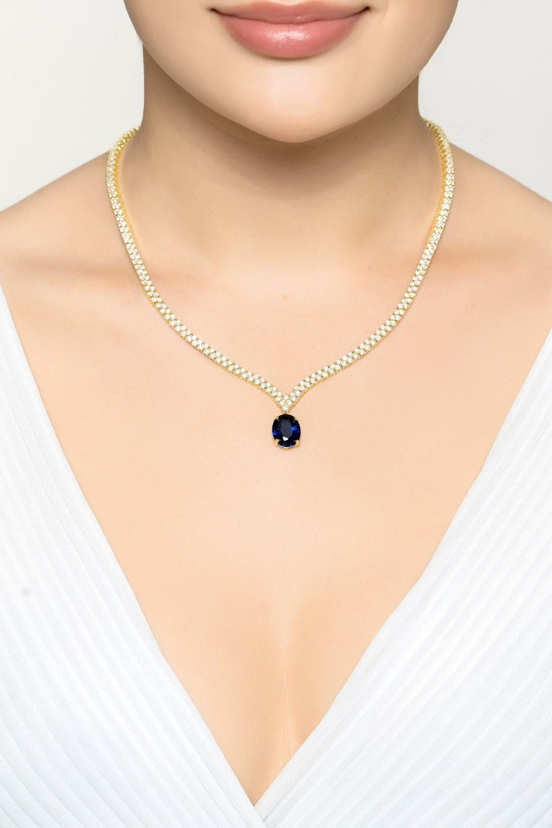 Garbo Oval Gemstone Tennis Necklace Sapphire Gold-1