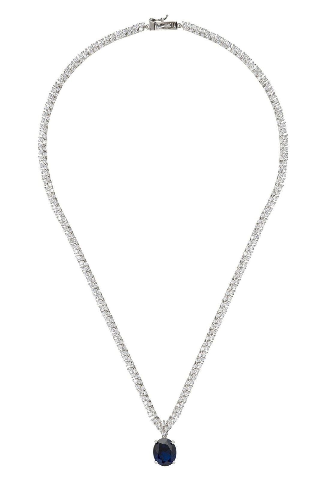 Silver tennis necklace with oval sapphire pendant