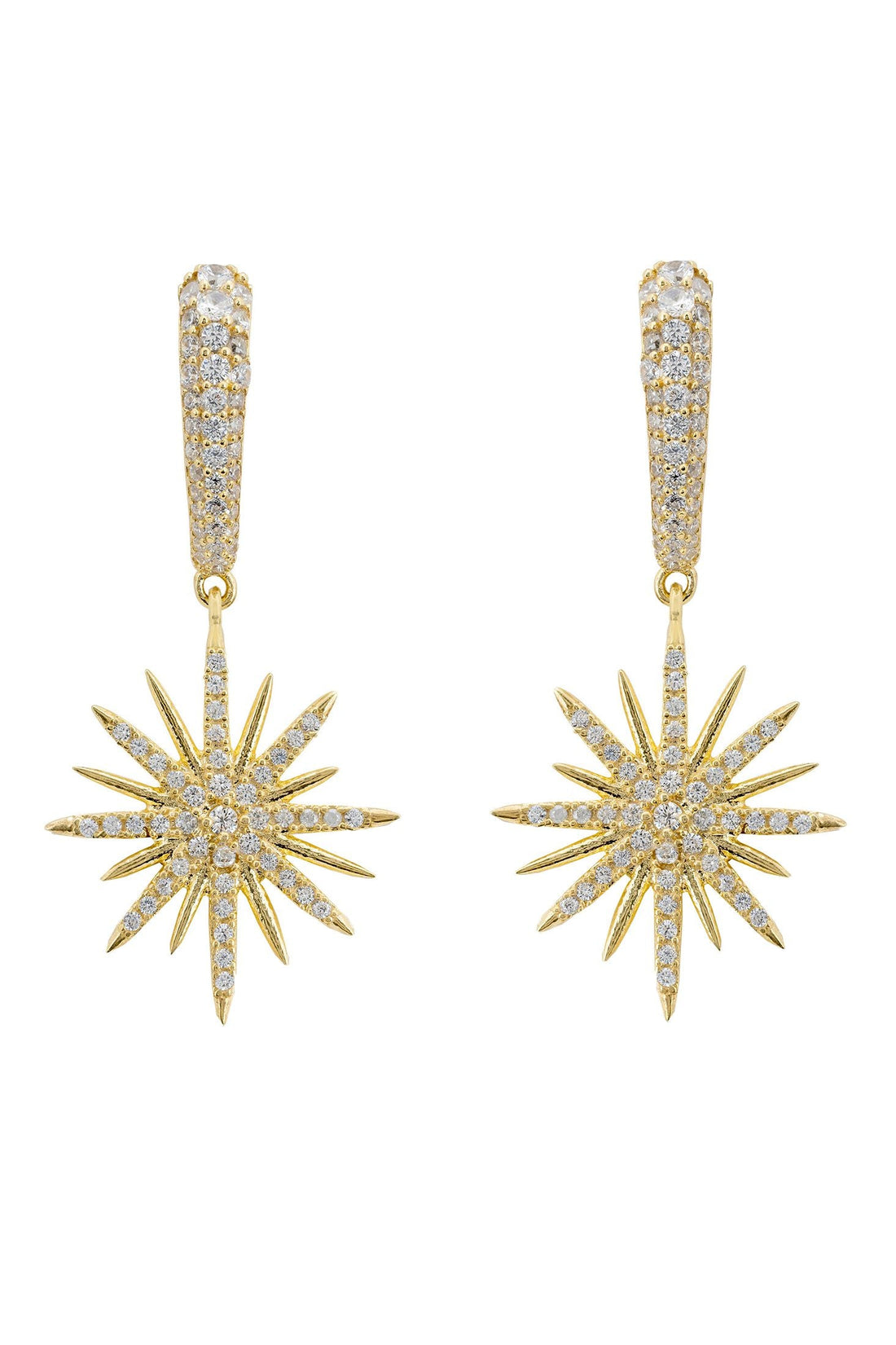 Gold starburst drop earrings with sparkling crystal sunburst charms and small hanging loops