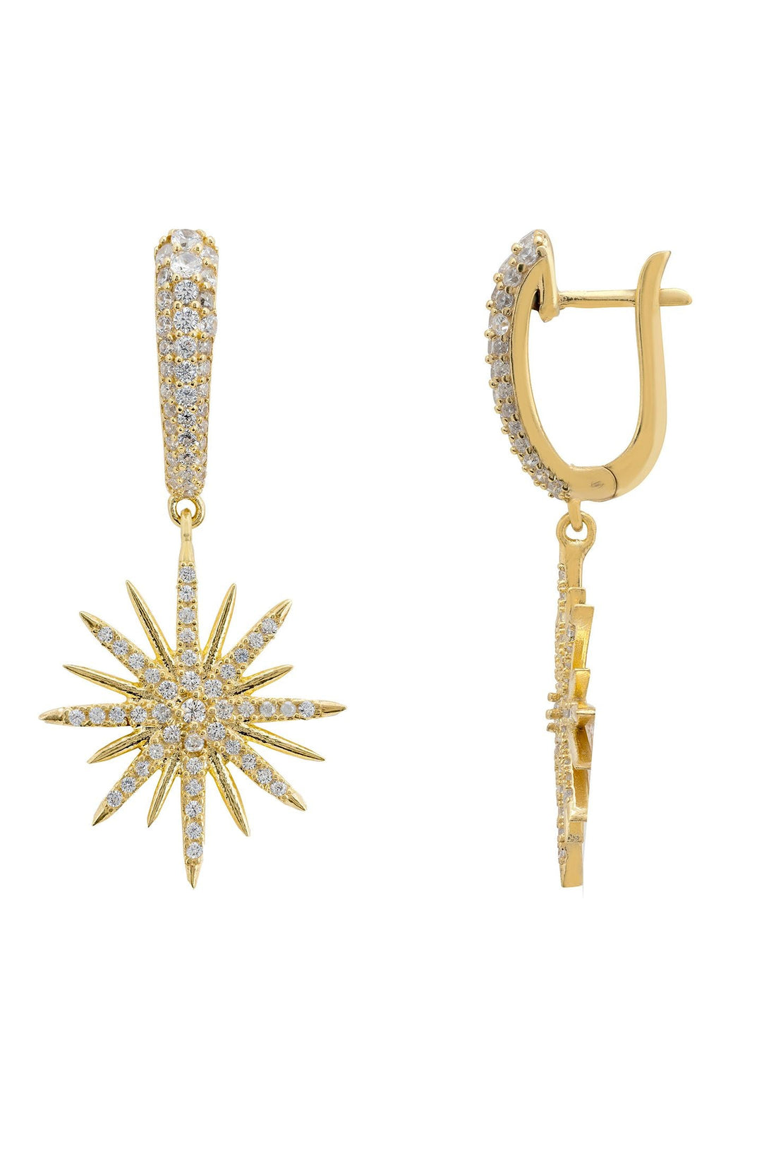 Gold starburst drop earrings with crystal sunburst charms and secure hoop clasps