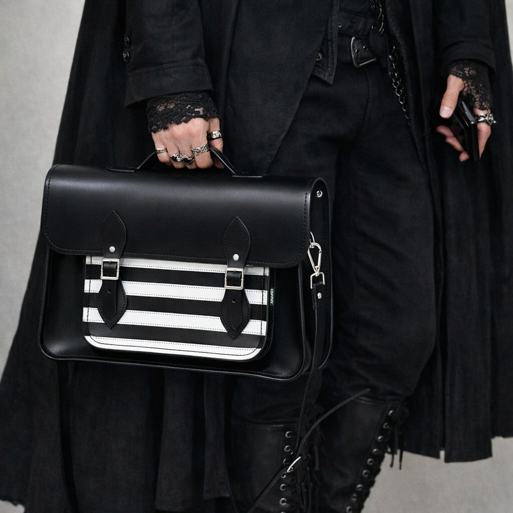 Handmade Leather Satchel - Gothic Striped White & Black-1