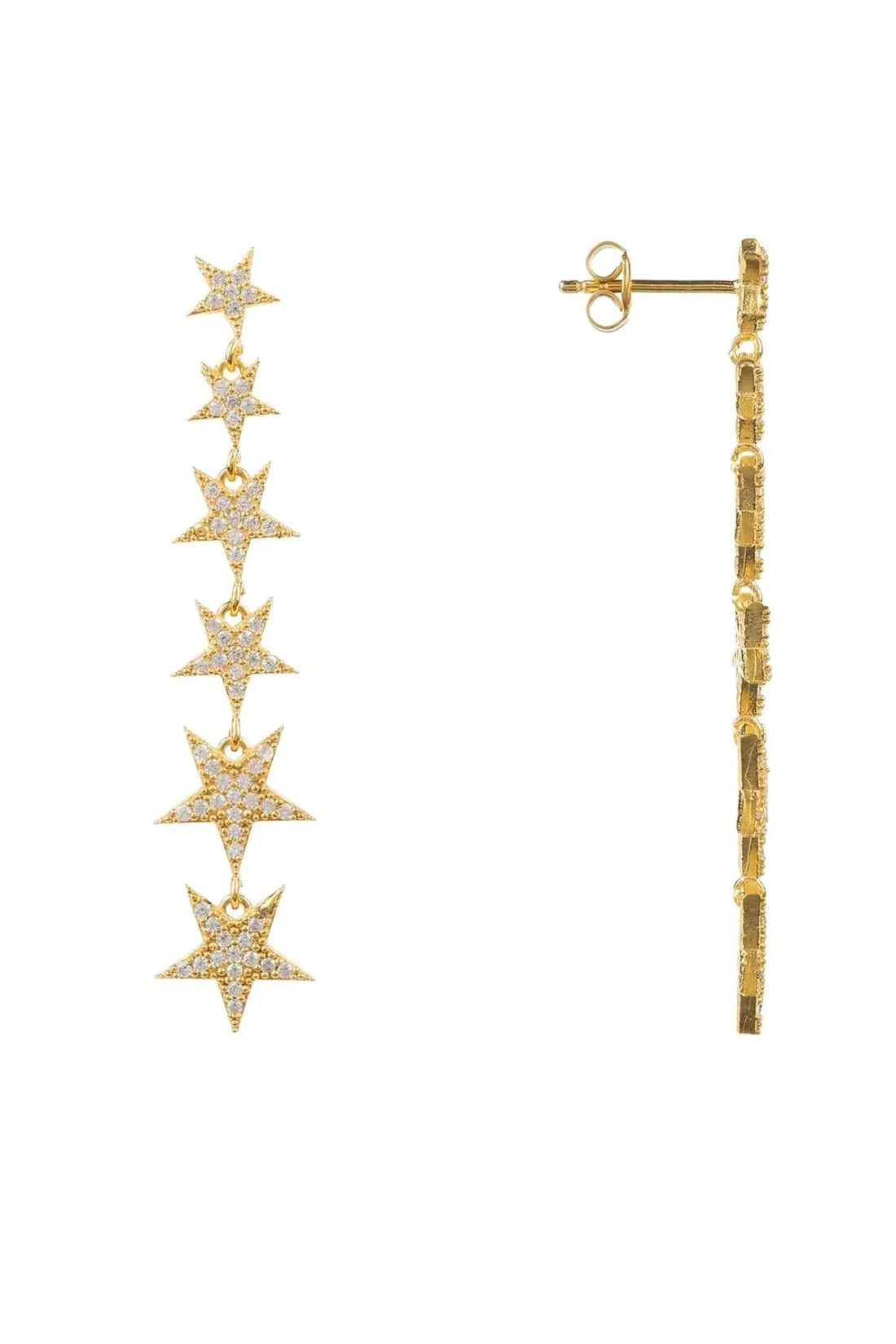 Gold star drop earrings with dangling star line and post backs