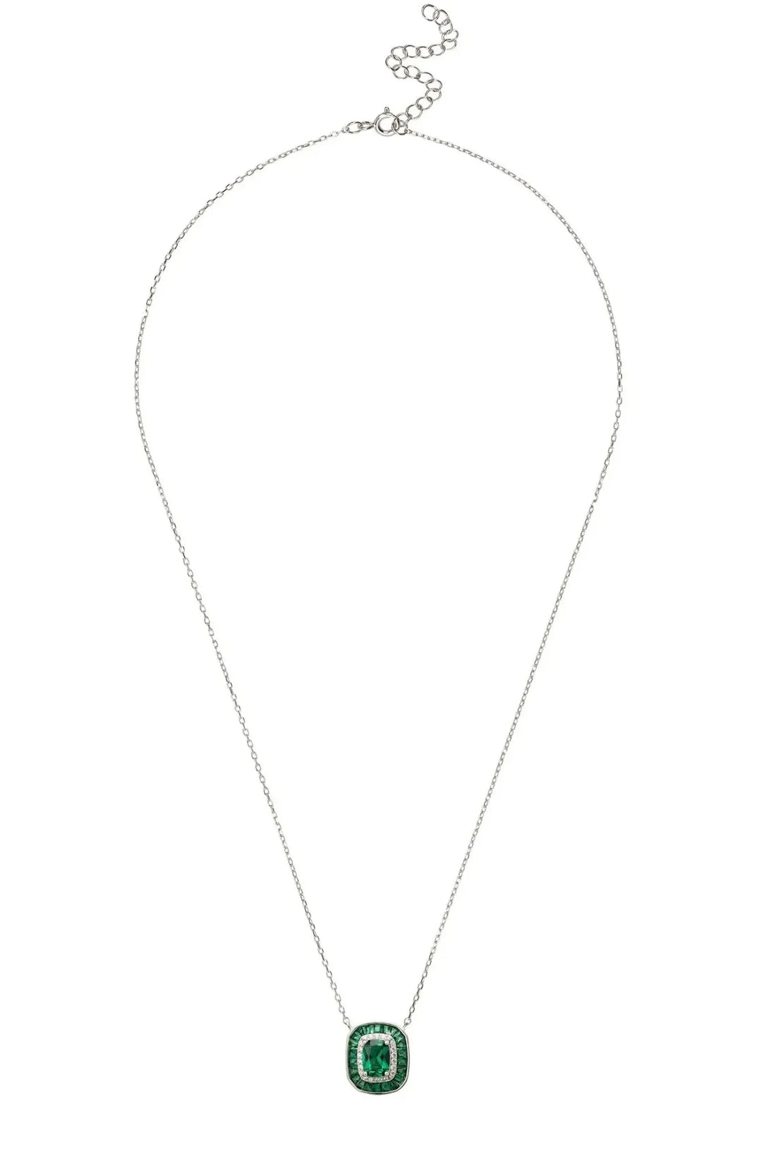 Silver chain pendant necklace featuring a square emerald-green gemstone with clear halo