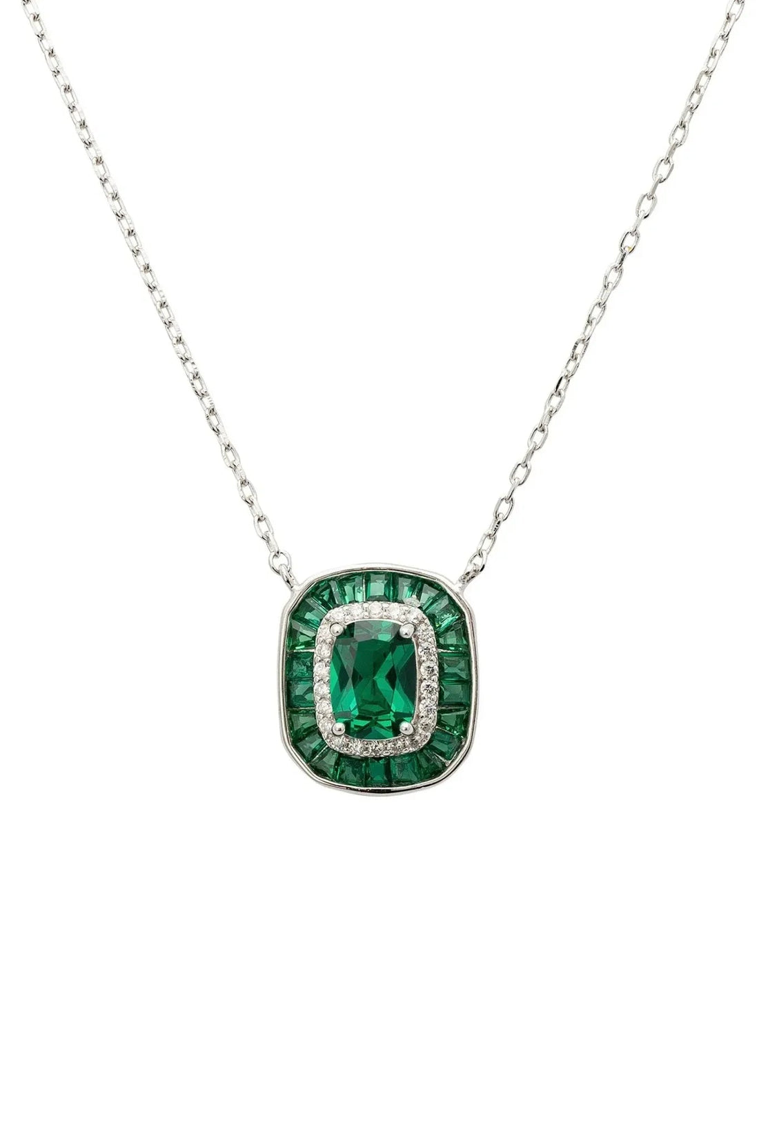 Silver pendant necklace with emerald-green square stone and clear halo border
