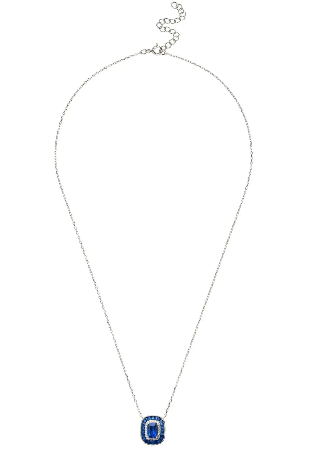 Silver chain pendant necklace with blue square sapphire-style centerpiece