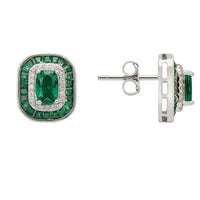 Silver-tone square stud earrings with emerald center stone and push-back clasp