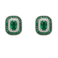 Emerald silver stud earrings with green rectangular stones and halo setting