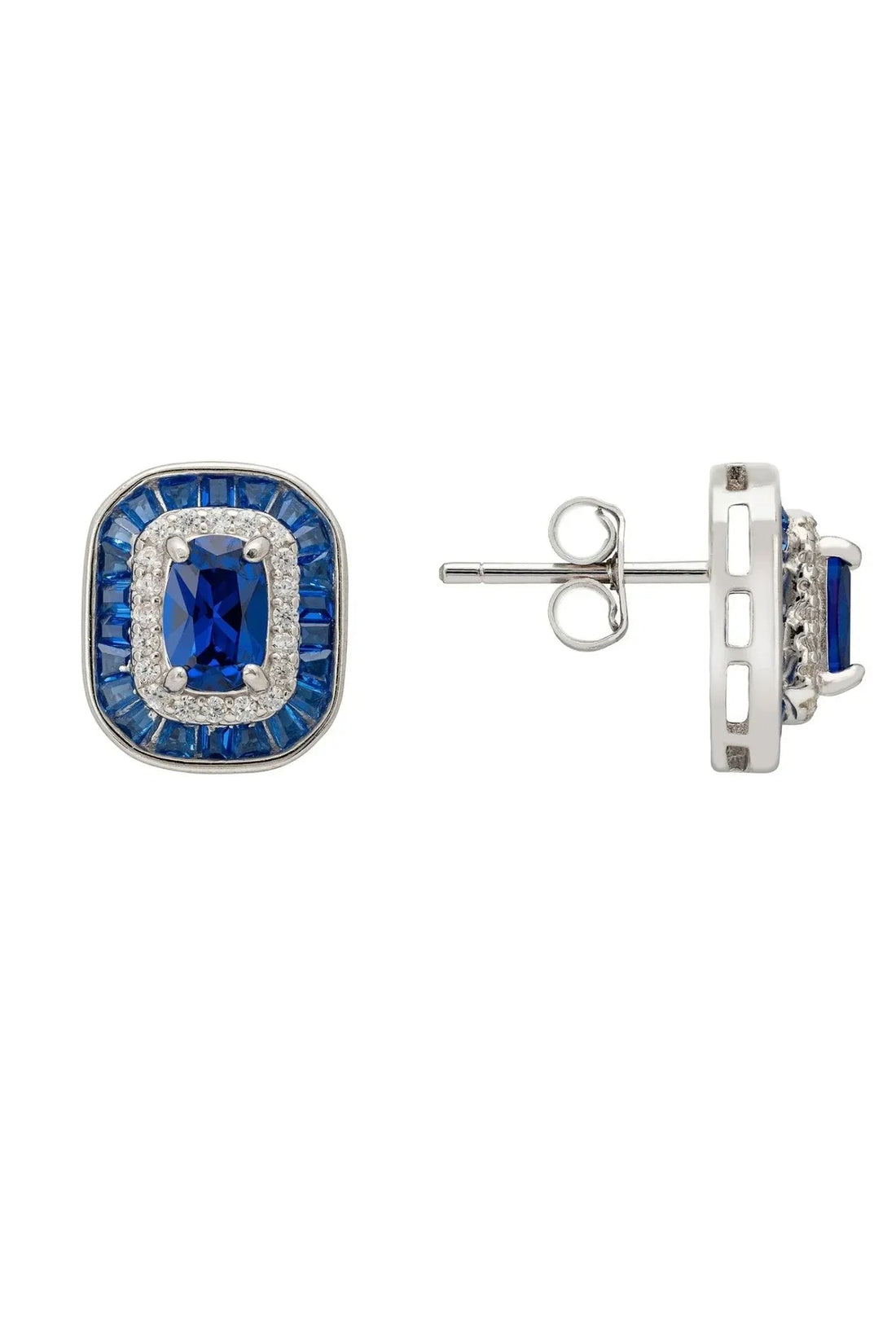 Silver stud earring back view with blue sapphire and crystal square frame