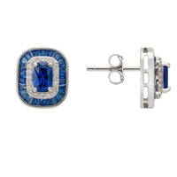 Silver stud earring back view with blue sapphire and crystal square frame